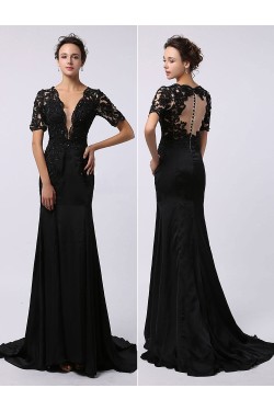 Trumpet/Mermaid Short Sleeve Beaded Applique Long Black Prom Evening Formal Dresses ED011474