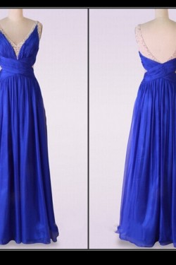 A-Line V-Neck Beaded Long Blue Chiffon Prom Evening Formal Dresses ED011475