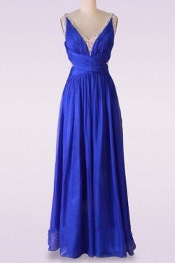 A-Line V-Neck Beaded Long Blue Chiffon Prom Evening Formal Dresses ED011475