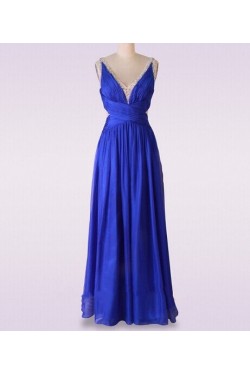 A-Line V-Neck Beaded Long Blue Chiffon Prom Evening Formal Dresses ED011475