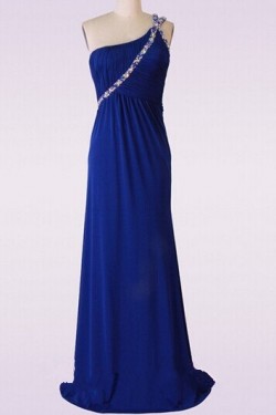 Sheath/Column Beaded One-Shoulder Long Blue Chiffon Prom Evening Formal Dresses ED011476