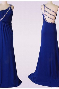 Sheath/Column Beaded One-Shoulder Long Blue Chiffon Prom Evening Formal Dresses ED011476