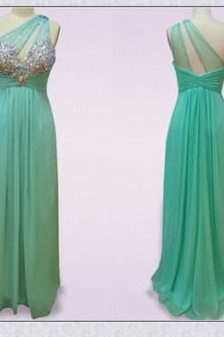 Sheath/Column One-Shoulder Beaded Long Blue Chiffon Prom Evening Formal Dresses ED011477