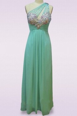 Sheath/Column One-Shoulder Beaded Long Blue Chiffon Prom Evening Formal Dresses ED011477