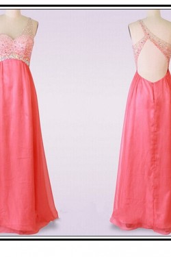 A-Line One-Shoulder Beaded Long Pink Chiffon Prom Evening Formal Dresses ED011478