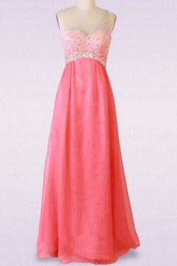 A-Line One-Shoulder Beaded Long Pink Chiffon Prom Evening Formal Dresses ED011478