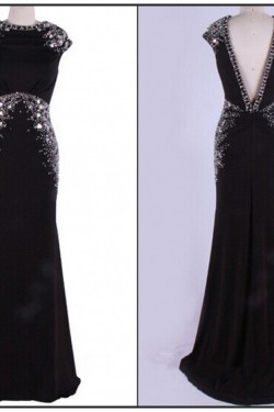 Trumpet/Mermaid Beaded Long Black Prom Evening Formal Dresses ED011480