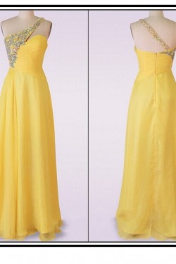 A-Line One-Shoulder Long Yellow Chiffon Prom Evening Formal Dresses ED011481
