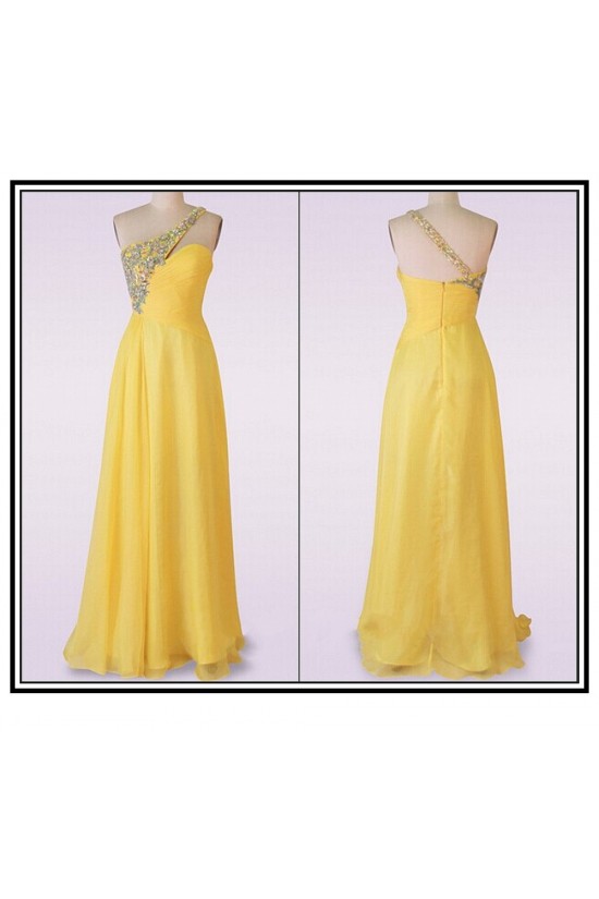 A-Line One-Shoulder Long Yellow Chiffon Prom Evening Formal Dresses ED011481