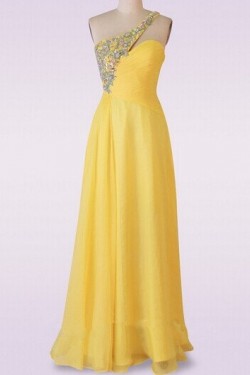 A-Line One-Shoulder Long Yellow Chiffon Prom Evening Formal Dresses ED011481