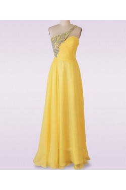 A-Line One-Shoulder Long Yellow Chiffon Prom Evening Formal Dresses ED011481