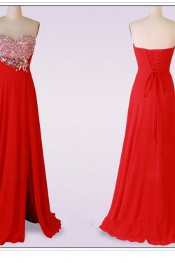 A-Line Sweetheart Beaded Long Red Chiffon Prom Evening Formal Dresses ED011482