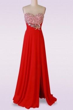A-Line Sweetheart Beaded Long Red Chiffon Prom Evening Formal Dresses ED011482