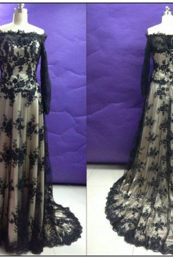 A-Line Off-the-Shoulder Long Sleeve Black Lace Prom Evening Formal Dresses ED011483