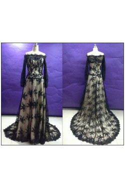 A-Line Off-the-Shoulder Long Sleeve Black Lace Prom Evening Formal Dresses ED011483