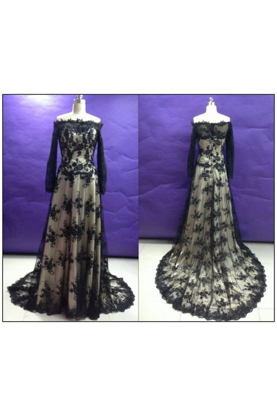 A-Line Off-the-Shoulder Long Sleeve Black Lace Prom Evening Formal Dresses ED011483
