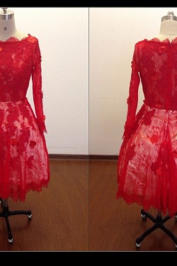 A-Line Long Sleeve Short Red Lace Prom Evening Formal Dresses ED011485