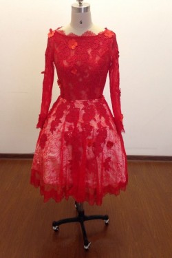 A-Line Long Sleeve Short Red Lace Prom Evening Formal Dresses ED011485