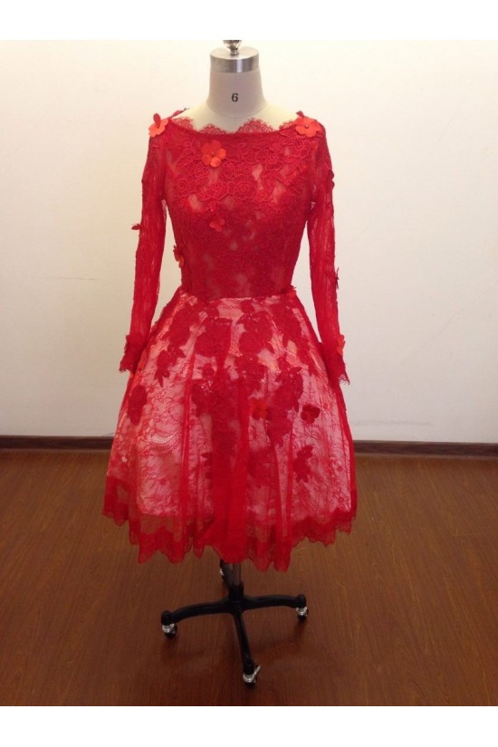 A-Line Long Sleeve Short Red Lace Prom Evening Formal Dresses ED011485