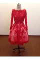 A-Line Long Sleeve Short Red Lace Prom Evening Formal Dresses ED011485
