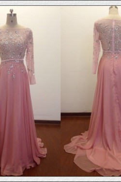 A-Line Bateau Beaded Long Pink Chiffon Prom Evening Formal Dresses ED011486