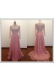 A-Line Bateau Beaded Long Pink Chiffon Prom Evening Formal Dresses ED011486
