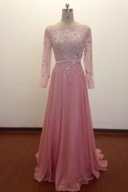 A-Line Bateau Beaded Long Pink Chiffon Prom Evening Formal Dresses ED011486