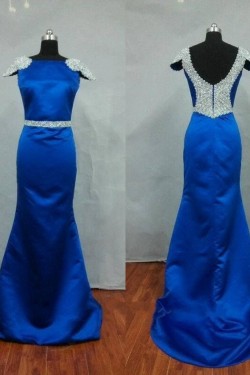 Trumpet/Mermaid Cap-Sleeve Bateau Beaded Long Blue Satin Prom Evening Formal Dresses ED011487