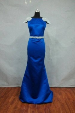Trumpet/Mermaid Cap-Sleeve Bateau Beaded Long Blue Satin Prom Evening Formal Dresses ED011487