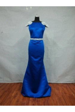 Trumpet/Mermaid Cap-Sleeve Bateau Beaded Long Blue Satin Prom Evening Formal Dresses ED011487