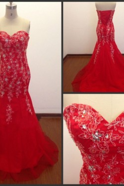 Trumpet/Mermaid Sweetheart Beaded Long Red Prom Evening Formal Dresses ED011489