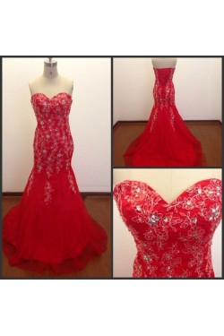 Trumpet/Mermaid Sweetheart Beaded Long Red Prom Evening Formal Dresses ED011489