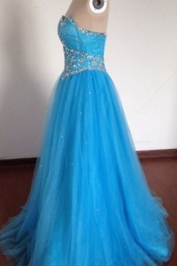 A-Line Sweetheart Beaded Long Blue Tulle Prom Evening Formal Dresses ED011491