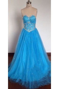 A-Line Sweetheart Beaded Long Blue Tulle Prom Evening Formal Dresses ED011491