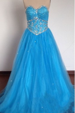 A-Line Sweetheart Beaded Long Blue Tulle Prom Evening Formal Dresses ED011491