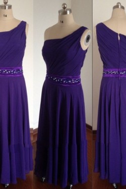A-Line One-Shoulder Beaded Long Chiffon Prom Evening Bridesmaid Dresses ED011494