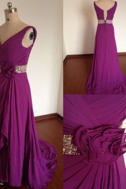 A-Line V-Neck Beaded Long Purple Chiffon Prom Evening Formal Dresses ED011496