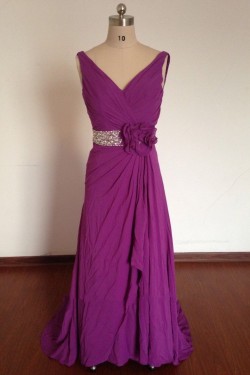A-Line V-Neck Beaded Long Purple Chiffon Prom Evening Formal Dresses ED011496