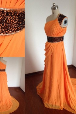 A-Line One-Shoulder Beaded Long Chiffon Prom Evening Formal Dresses ED011497