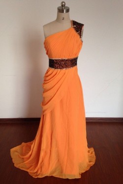 A-Line One-Shoulder Beaded Long Chiffon Prom Evening Formal Dresses ED011497