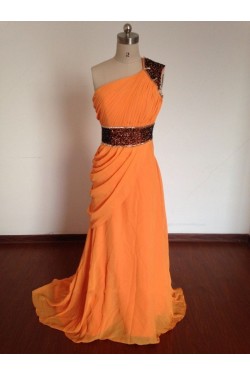 A-Line One-Shoulder Beaded Long Chiffon Prom Evening Formal Dresses ED011497