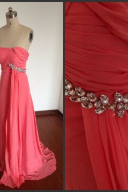 A-Line Strapless Beaded Long Pink Chiffon Prom Evening Formal Dresses ED011498