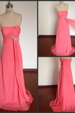 A-Line Strapless Beaded Long Pink Chiffon Prom Evening Formal Dresses ED011498