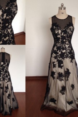 A-Line Jewel Long Black Prom Evening Formal Dresses ED011499