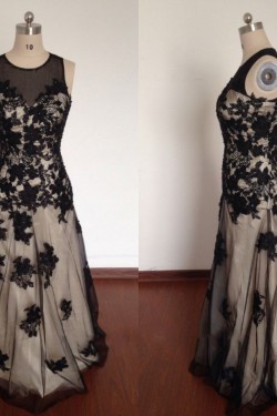 A-Line Jewel Long Black Prom Evening Formal Dresses ED011499