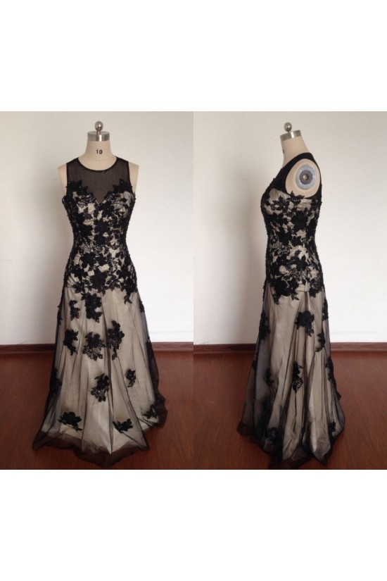 A-Line Jewel Long Black Prom Evening Formal Dresses ED011499