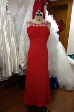 A-Line Beaded Long Red Chiffon Prom Evening Formal Dresses ED011501