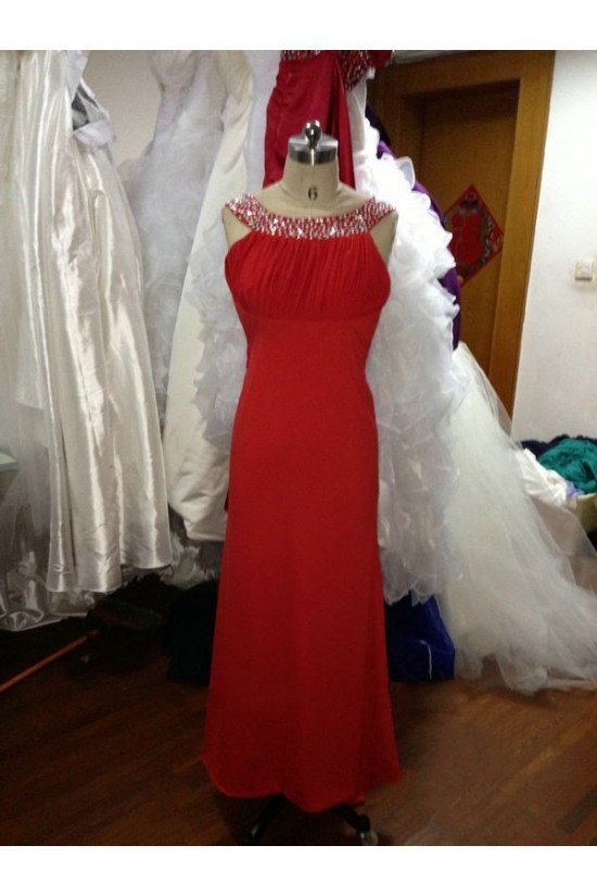 A-Line Beaded Long Red Chiffon Prom Evening Formal Dresses ED011501