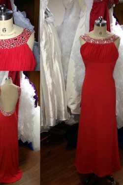 A-Line Beaded Long Red Chiffon Prom Evening Formal Dresses ED011501