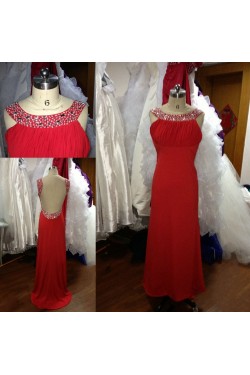 A-Line Beaded Long Red Chiffon Prom Evening Formal Dresses ED011501